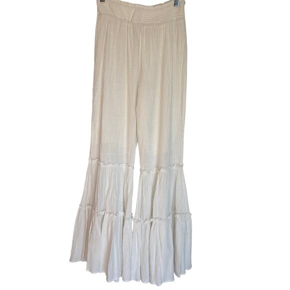 Storia Pants - Storia Cream Wide Leg Ruffle Boho Pants Smocked Waist Tiered Hem L